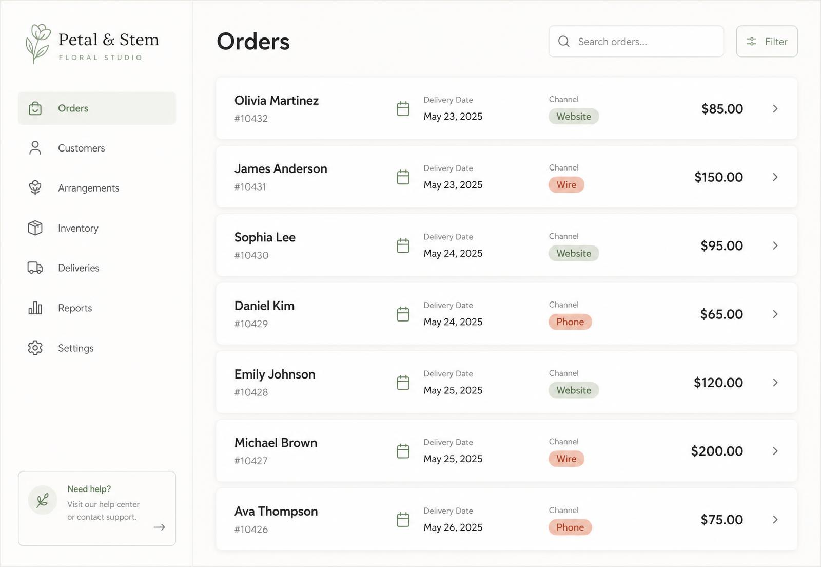 Stemdesk orders screen listing website, wire and phone orders with delivery dates and totals
